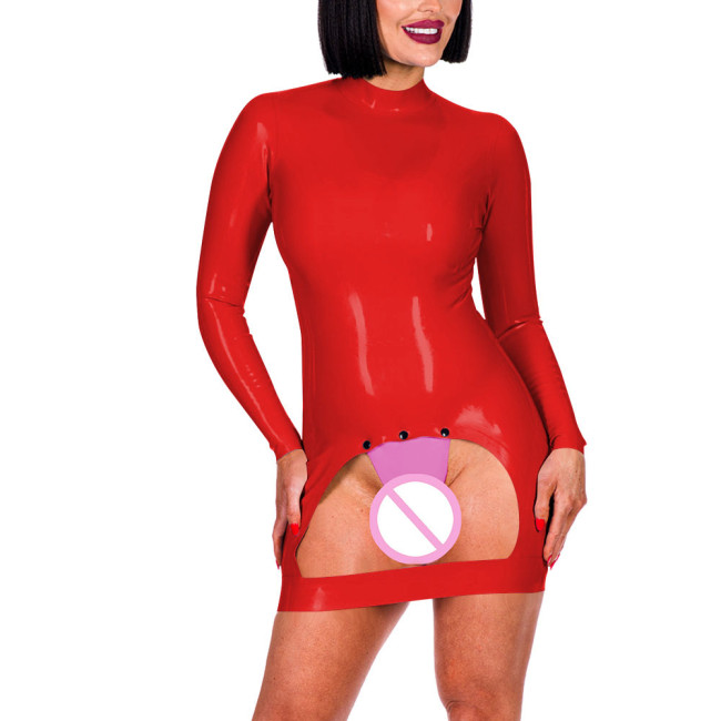 Long Sleeve Mock Neck Erotic Spanking Mini Dress Sexy Bottom Hollow Women Exotic Crotchless Skinny Dress Sexy Lingerie Fetish