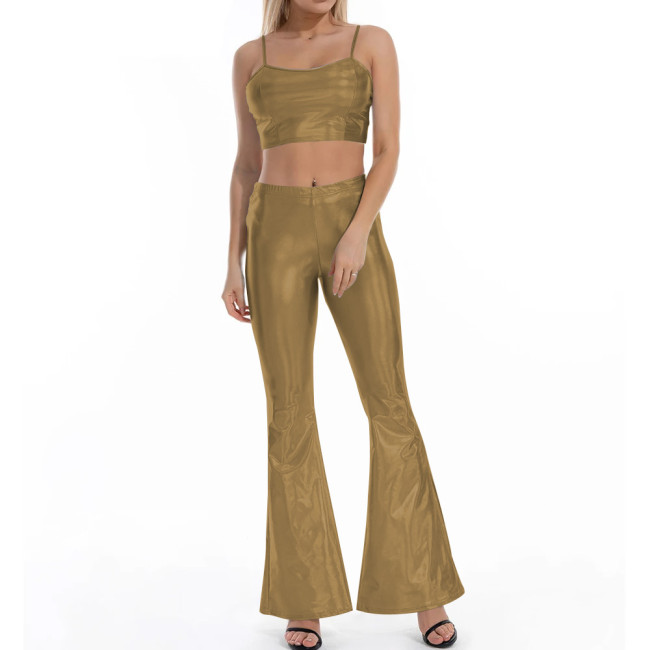 Women Flare Shiny Pant Sets Laser Metallic Wetlook Bell Bottoms with Cami Croped Top Club Outfits 2 Piece Set Rave Festival Wear