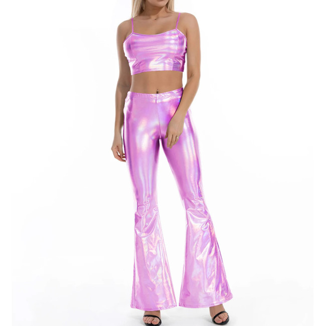 Women Flare Shiny Pant Sets Laser Metallic Wetlook Bell Bottoms with Cami Croped Top Club Outfits 2 Piece Set Rave Festival Wear