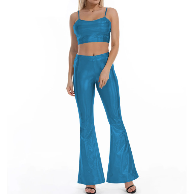 Women Flare Shiny Pant Sets Laser Metallic Wetlook Bell Bottoms with Cami Croped Top Club Outfits 2 Piece Set Rave Festival Wear