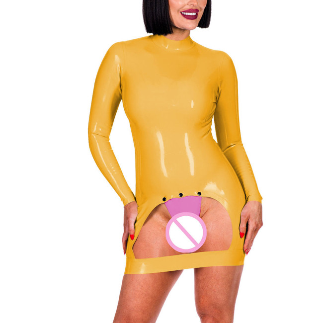 Long Sleeve Mock Neck Erotic Spanking Mini Dress Sexy Bottom Hollow Women Exotic Crotchless Skinny Dress Sexy Lingerie Fetish