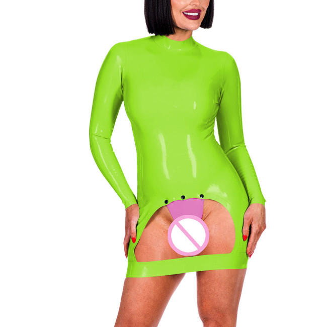 Long Sleeve Mock Neck Erotic Spanking Mini Dress Sexy Bottom Hollow Women Exotic Crotchless Skinny Dress Sexy Lingerie Fetish