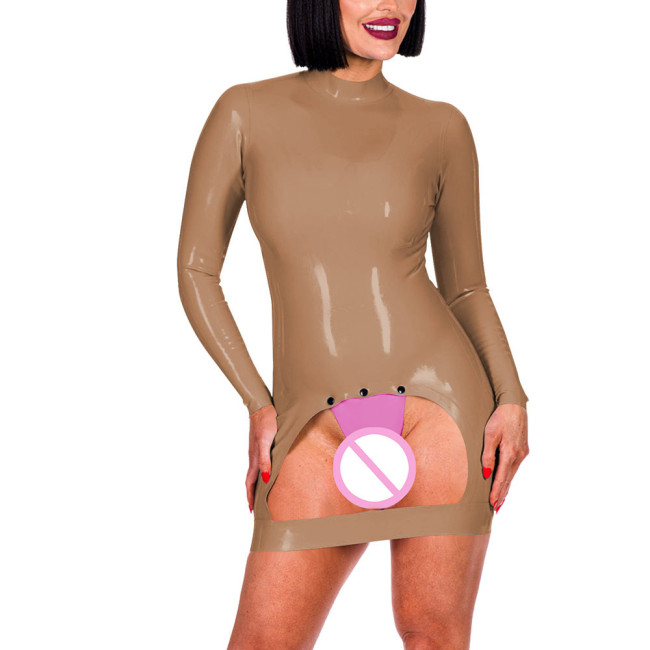 Long Sleeve Mock Neck Erotic Spanking Mini Dress Sexy Bottom Hollow Women Exotic Crotchless Skinny Dress Sexy Lingerie Fetish