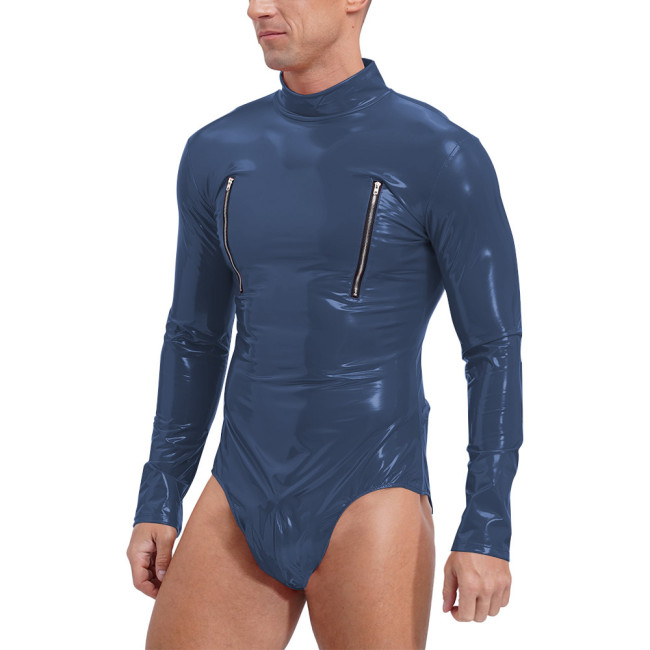 Men Sexy Bodysuit Wetlook Long Sleeve Zipper Open Chest Catsuit Role Play Party Underwear Shiny PVC Leather Playsuit Clubwear