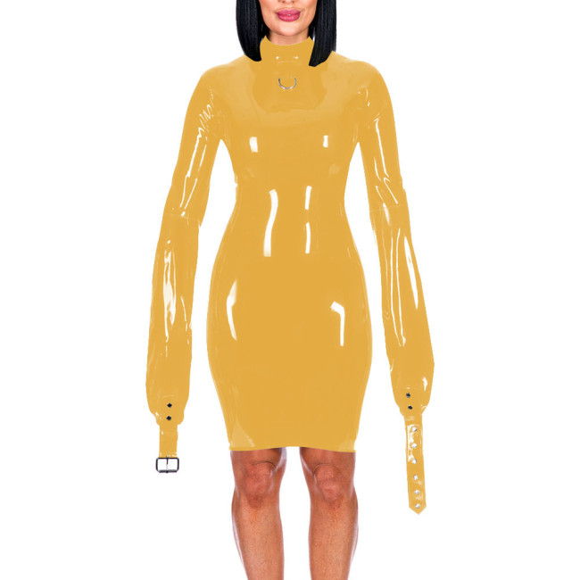 Mock Neck Long Sleeve Hands Restraint Exotic Mini Dress Sexy Package Hips Bodycon Dress PVC Leather Elegant Women Fashion Wear