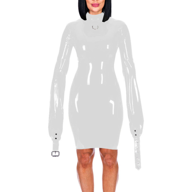 Mock Neck Long Sleeve Hands Restraint Exotic Mini Dress Sexy Package Hips Bodycon Dress PVC Leather Elegant Women Fashion Wear
