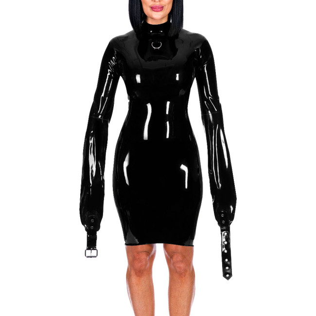 Mock Neck Long Sleeve Hands Restraint Exotic Mini Dress Sexy Package Hips Bodycon Dress PVC Leather Elegant Women Fashion Wear