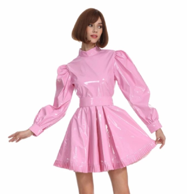 Sissy Lockable Lolita PVC Shiny Mini Dress with Ruffle Hem Glossy Leather Long Puff Sleeve A-line Dress Night Party Club Outfits