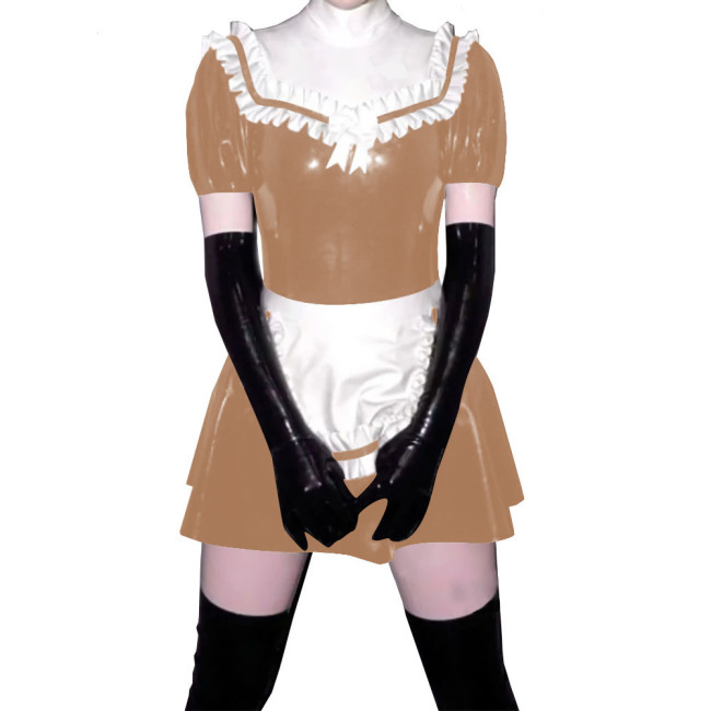 Sissy French Maid Dress with Frill Hem Apron PVC Ruched Scoop Neck+Lining Mock Neck Sexy A-line Mini Dress Servant Cosplay
