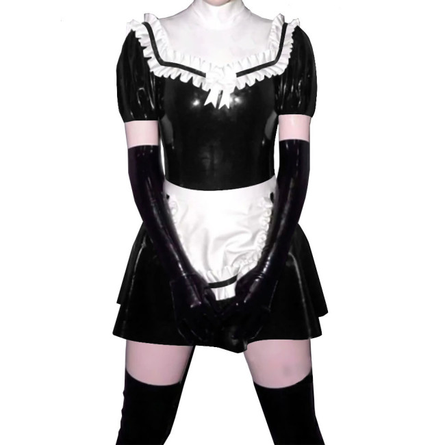 Sissy French Maid Dress with Frill Hem Apron PVC Ruched Scoop Neck+Lining Mock Neck Sexy A-line Mini Dress Servant Cosplay