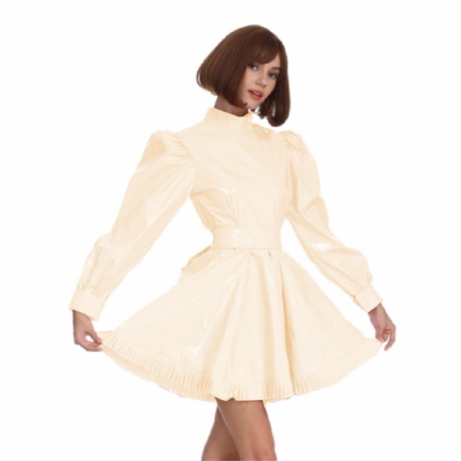 Sissy Lockable Lolita PVC Shiny Mini Dress with Ruffle Hem Glossy Leather Long Puff Sleeve A-line Dress Night Party Club Outfits