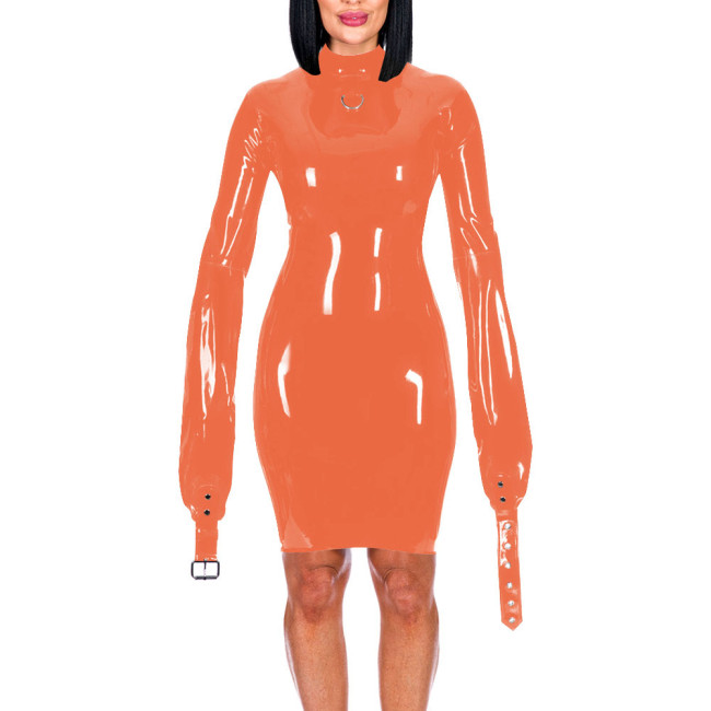 Mock Neck Long Sleeve Hands Restraint Exotic Mini Dress Sexy Package Hips Bodycon Dress PVC Leather Elegant Women Fashion Wear