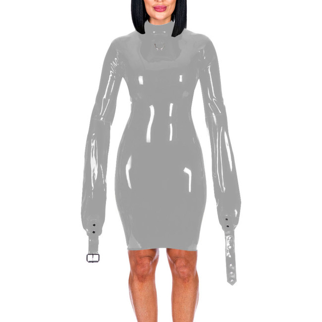 Mock Neck Long Sleeve Hands Restraint Exotic Mini Dress Sexy Package Hips Bodycon Dress PVC Leather Elegant Women Fashion Wear