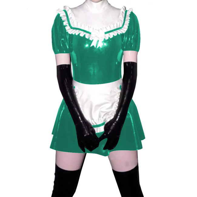 Sissy French Maid Dress with Frill Hem Apron PVC Ruched Scoop Neck+Lining Mock Neck Sexy A-line Mini Dress Servant Cosplay