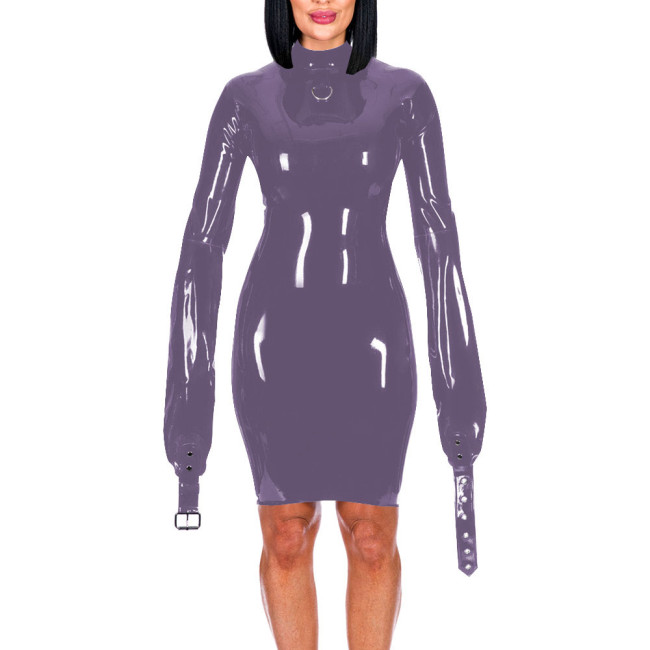 Mock Neck Long Sleeve Hands Restraint Exotic Mini Dress Sexy Package Hips Bodycon Dress PVC Leather Elegant Women Fashion Wear
