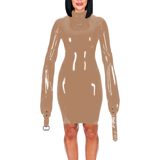 Mock Neck Long Sleeve Hands Restraint Exotic Mini Dress Sexy Package Hips Bodycon Dress PVC Leather Elegant Women Fashion Wear