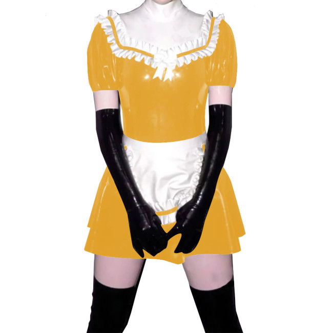 Sissy French Maid Dress with Frill Hem Apron PVC Ruched Scoop Neck+Lining Mock Neck Sexy A-line Mini Dress Servant Cosplay