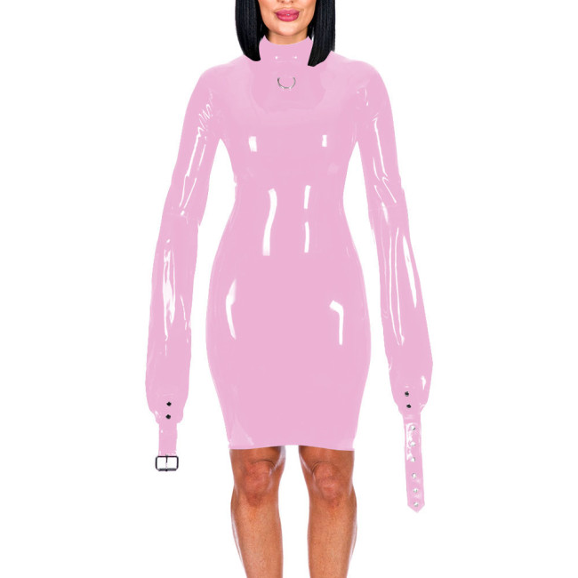 Mock Neck Long Sleeve Hands Restraint Exotic Mini Dress Sexy Package Hips Bodycon Dress PVC Leather Elegant Women Fashion Wear