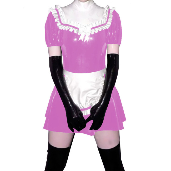 Sissy French Maid Dress with Frill Hem Apron PVC Ruched Scoop Neck+Lining Mock Neck Sexy A-line Mini Dress Servant Cosplay