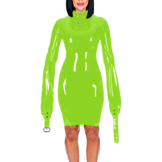 Mock Neck Long Sleeve Hands Restraint Exotic Mini Dress Sexy Package Hips Bodycon Dress PVC Leather Elegant Women Fashion Wear