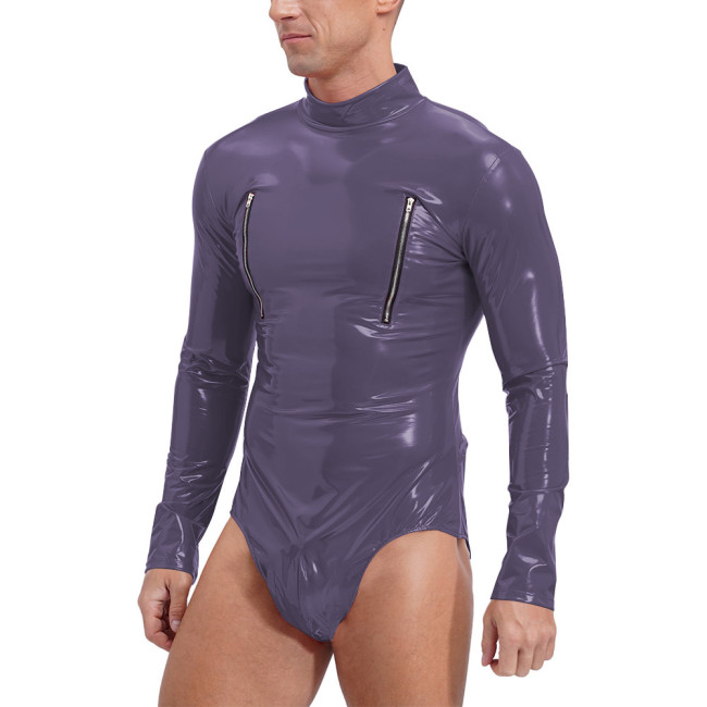 Men Sexy Bodysuit Wetlook Long Sleeve Zipper Open Chest Catsuit Role Play Party Underwear Shiny PVC Leather Playsuit Clubwear