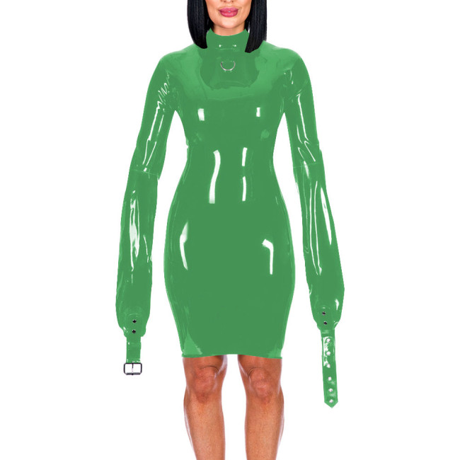 Mock Neck Long Sleeve Hands Restraint Exotic Mini Dress Sexy Package Hips Bodycon Dress PVC Leather Elegant Women Fashion Wear