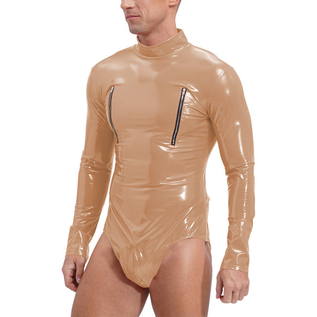 Men Sexy Bodysuit Wetlook Long Sleeve Zipper Open Chest Catsuit Role Play Party Underwear Shiny PVC Leather Playsuit Clubwear