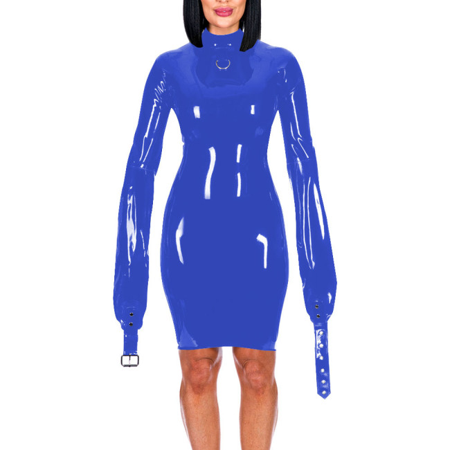 Mock Neck Long Sleeve Hands Restraint Exotic Mini Dress Sexy Package Hips Bodycon Dress PVC Leather Elegant Women Fashion Wear