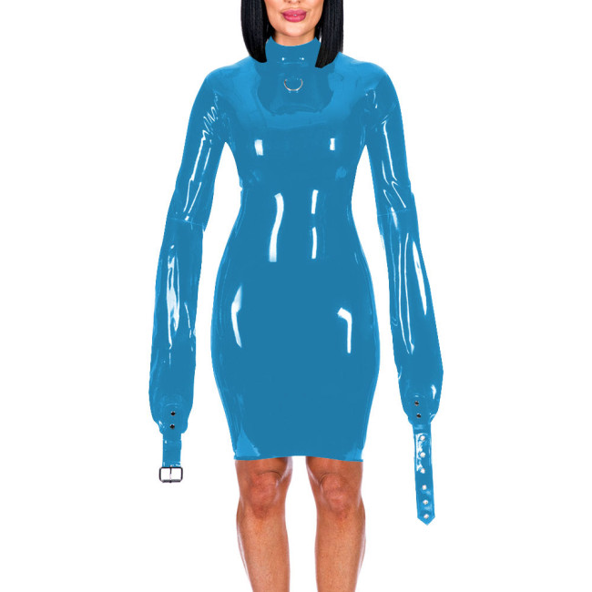 Mock Neck Long Sleeve Hands Restraint Exotic Mini Dress Sexy Package Hips Bodycon Dress PVC Leather Elegant Women Fashion Wear