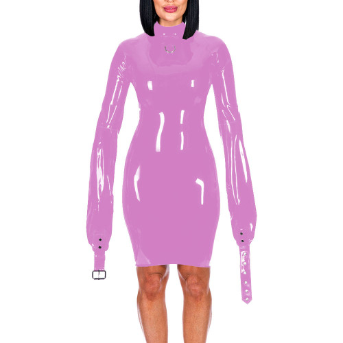 Mock Neck Long Sleeve Hands Restraint Exotic Mini Dress Sexy Package Hips Bodycon Dress PVC Leather Elegant Women Fashion Wear