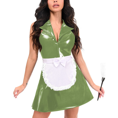 French Maid Dress with Apron for Unisex Adult PVC A-line Mini Dress Front Zip Sleeveless Cosplay Costume Servant Role Play