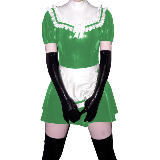 Sissy French Maid Dress with Frill Hem Apron PVC Ruched Scoop Neck+Lining Mock Neck Sexy A-line Mini Dress Servant Cosplay
