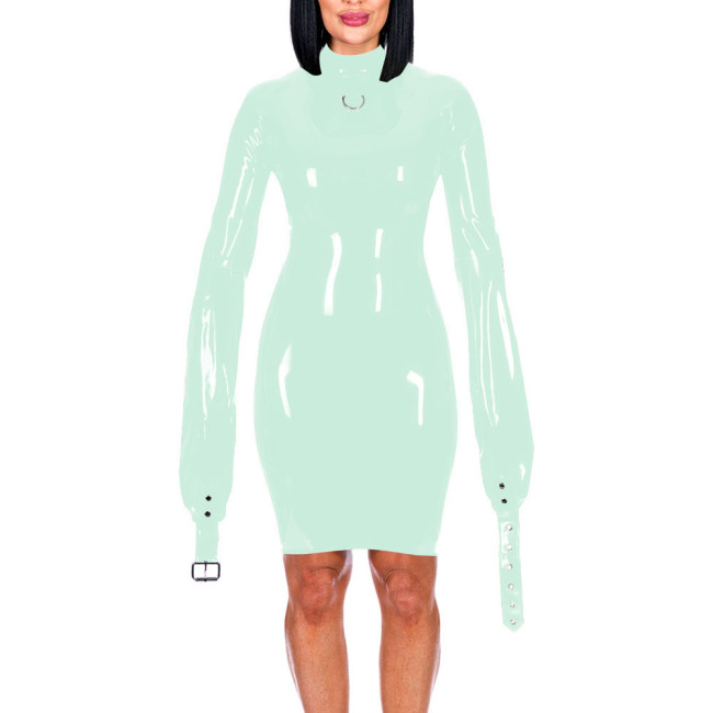 Mock Neck Long Sleeve Hands Restraint Exotic Mini Dress Sexy Package Hips Bodycon Dress PVC Leather Elegant Women Fashion Wear