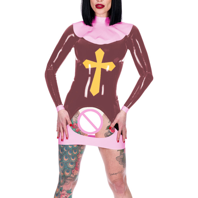 Women Sexy Nun Cosplay Costume Erotic Crotchless Spanking Mini Dress Long Sleeve Back Zip Bodycon Dress Novelty Nun Outfits 7XL