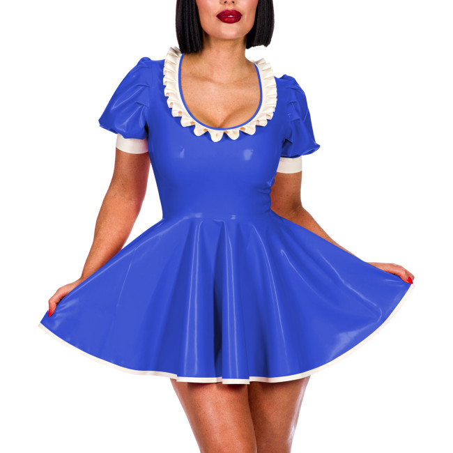 Sissy Sexy A-line Pleated Mini Dress Short Puff Sleeve Frill Scoop Neck PVC Summer Dress Elegant Women Sweet Banquet Venue Gown