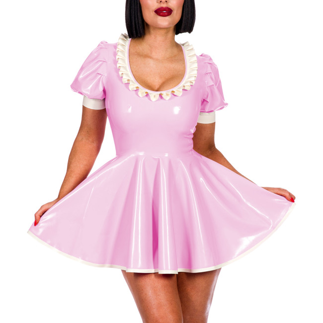 Sissy Sexy A-line Pleated Mini Dress Short Puff Sleeve Frill Scoop Neck PVC Summer Dress Elegant Women Sweet Banquet Venue Gown