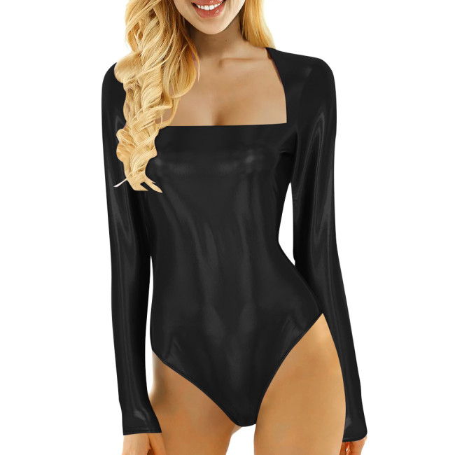 Sexy High Cut Long Sleeve Bodysuits Shiny Metallic Bodysuit Lingerie One Piece Club Outfits Bodycon Tight Solid Party Rompers
