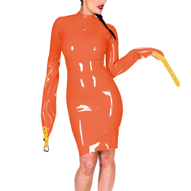 Mock Neck Long Sleeve Hands Restraint Exotic Mini Dress Women Novelty Sexy PVC Dresses Club Aesthetics Sissy Fetish Costume 7XL