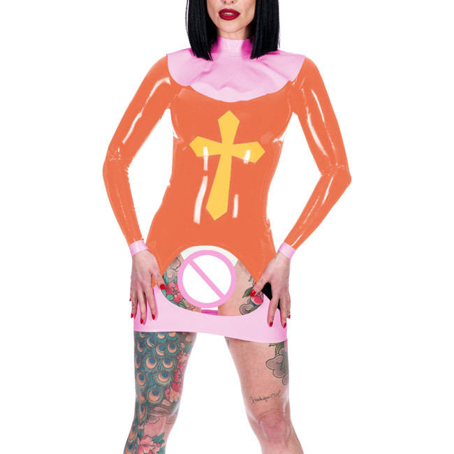 Women Sexy Nun Cosplay Costume Erotic Crotchless Spanking Mini Dress Long Sleeve Back Zip Bodycon Dress Novelty Nun Outfits 7XL