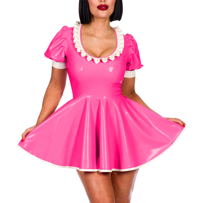 Sissy Sexy A-line Pleated Mini Dress Short Puff Sleeve Frill Scoop Neck PVC Summer Dress Elegant Women Sweet Banquet Venue Gown