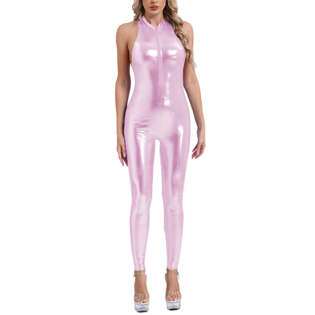 Sleeveless Sexy Jumpsuits for Women Shiny Metallic Stretch Tight Solid Jumpsuit Party Pole Dancing Overalls Sissy Sexy Costume