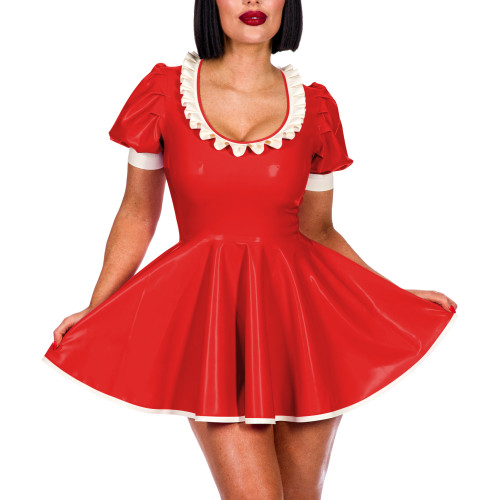 Sissy Sexy A-line Pleated Mini Dress Short Puff Sleeve Frill Scoop Neck PVC Summer Dress Elegant Women Sweet Banquet Venue Gown