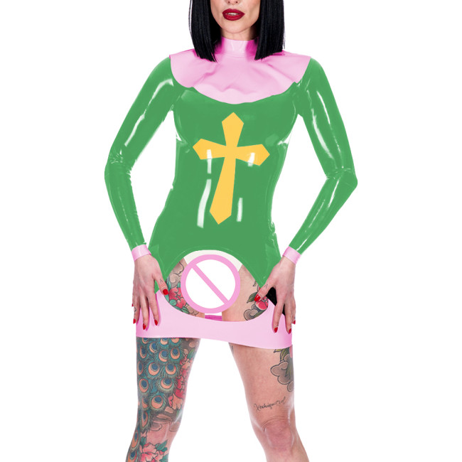 Women Sexy Nun Cosplay Costume Erotic Crotchless Spanking Mini Dress Long Sleeve Back Zip Bodycon Dress Novelty Nun Outfits 7XL