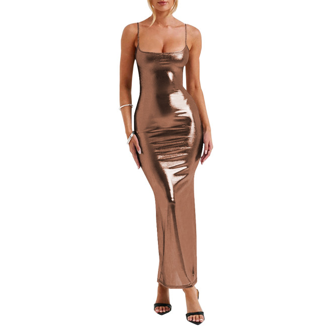 Elegance Spaghetti Strap Bodycon Hobble Dress Shiny Metallic Sexy Maxi Dresses for Women Hip Wrap Pencil Long Dress Ball Gowns