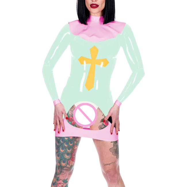 Women Sexy Nun Cosplay Costume Erotic Crotchless Spanking Mini Dress Long Sleeve Back Zip Bodycon Dress Novelty Nun Outfits 7XL
