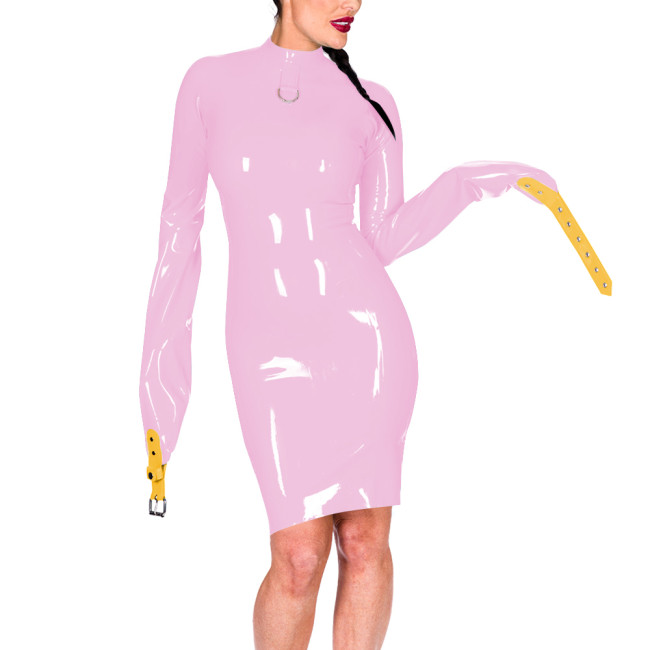 Mock Neck Long Sleeve Hands Restraint Exotic Mini Dress Women Novelty Sexy PVC Dresses Club Aesthetics Sissy Fetish Costume 7XL