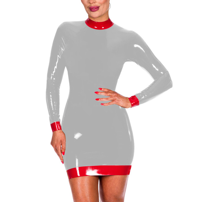 Sexy Package Hips Mini Dress for Elegant Women Fashion Back Zipper Bodycon Dress Crew Neck Long Sleeve PVC Leather Ball Gowns
