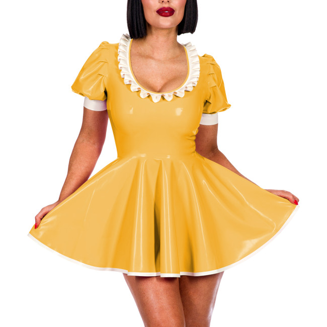 Sissy Sexy A-line Pleated Mini Dress Short Puff Sleeve Frill Scoop Neck PVC Summer Dress Elegant Women Sweet Banquet Venue Gown