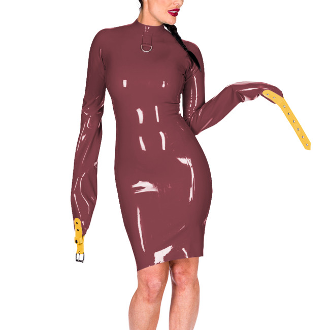 Mock Neck Long Sleeve Hands Restraint Exotic Mini Dress Women Novelty Sexy PVC Dresses Club Aesthetics Sissy Fetish Costume 7XL