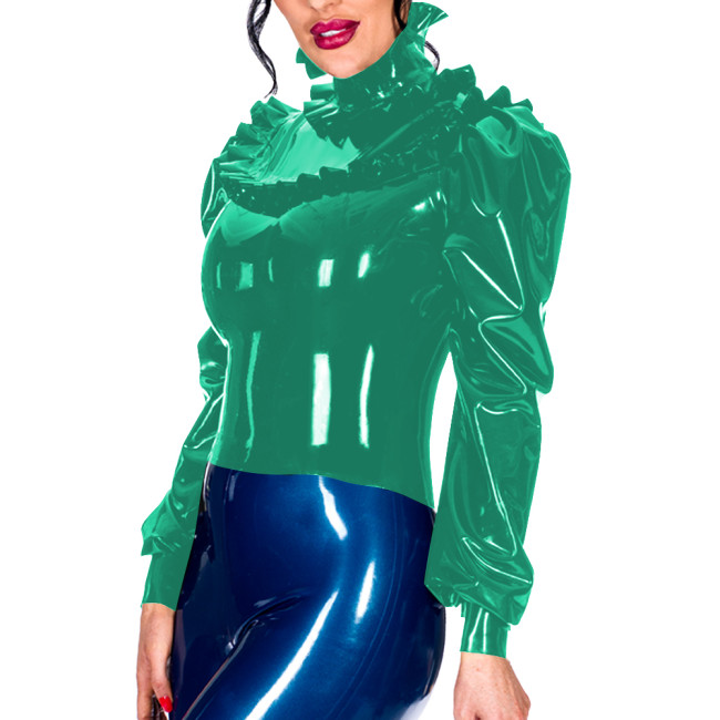Office Lady High Neck Ruffles PVC Leather Elegance Long Sleeve Womens Tops Gothic Bodycon T-Shirts Sissy Back Zipper Tops Daily